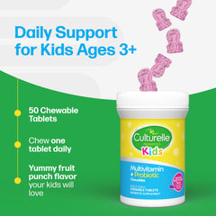 Kid taking a Culturelle chewable with a smile after breakfast.
