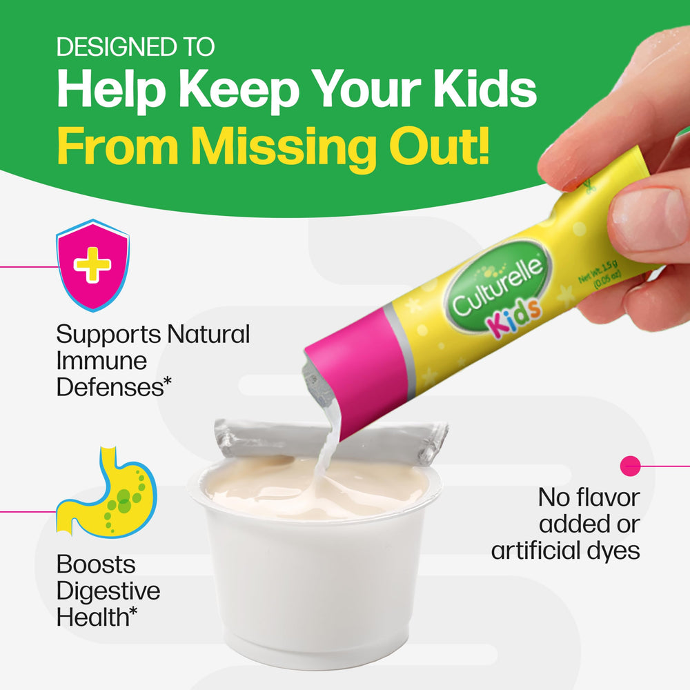 Culturelle Kids probiotic packets stored in a cool, dry place away from sunlight.
