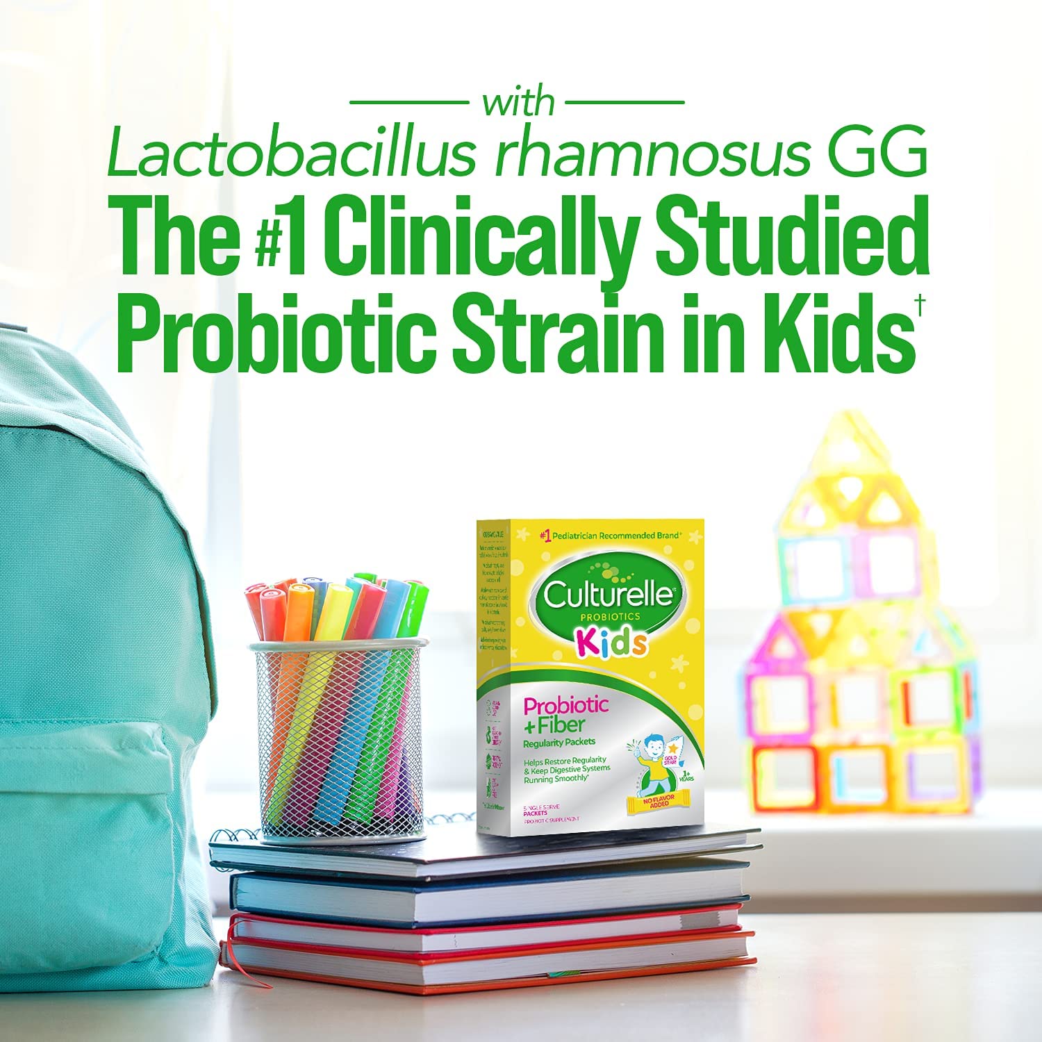 Culturelle Kids Probiotic + Fiber packets mixed with applesauce for convenient daily use