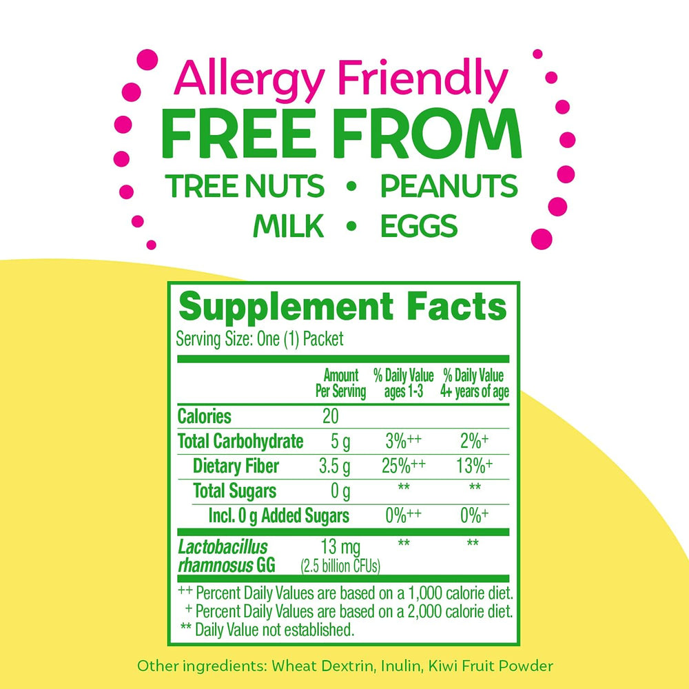 Culturelle Kids Probiotic + Fiber packets on a kid's spoon for easy consumption