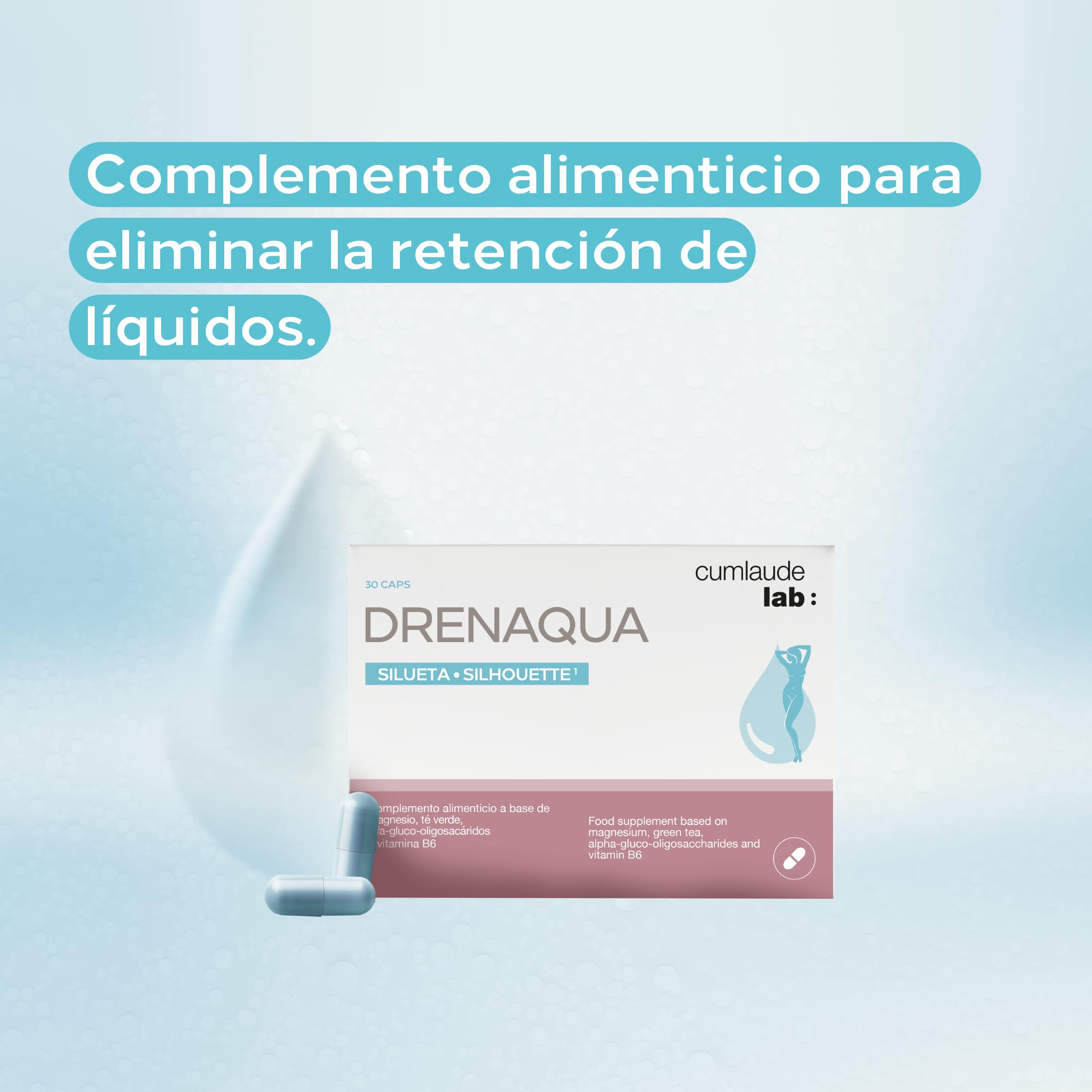 Cumlaude Drenaqua capsules poured into a glass for a daily routine