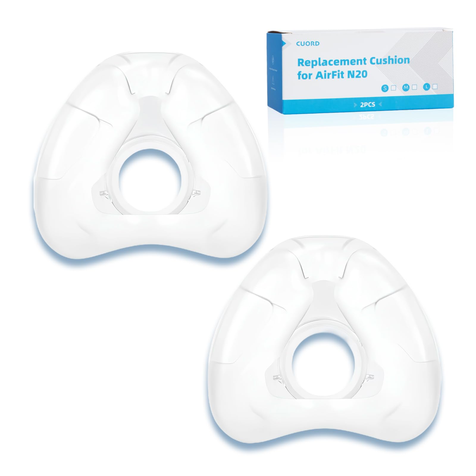 CUORD AirFit N20 replacement cushion close-up shows a gentle seal with soft silicone.