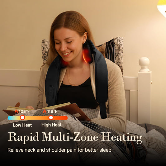 CuPiLo neck massager in use on shoulder with heat for muscle comfort