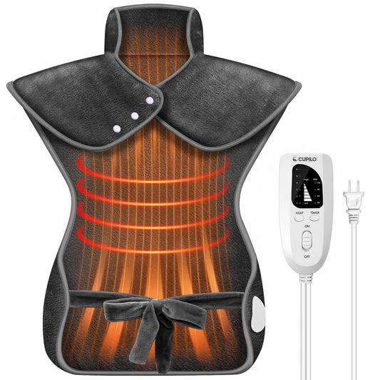 CuPiLo heating pad worn on back and shoulders for targeted relief