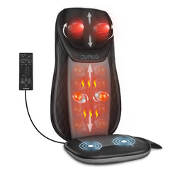 CuPiLo shiatsu massager with inflatable flap contouring the back for personalized support.