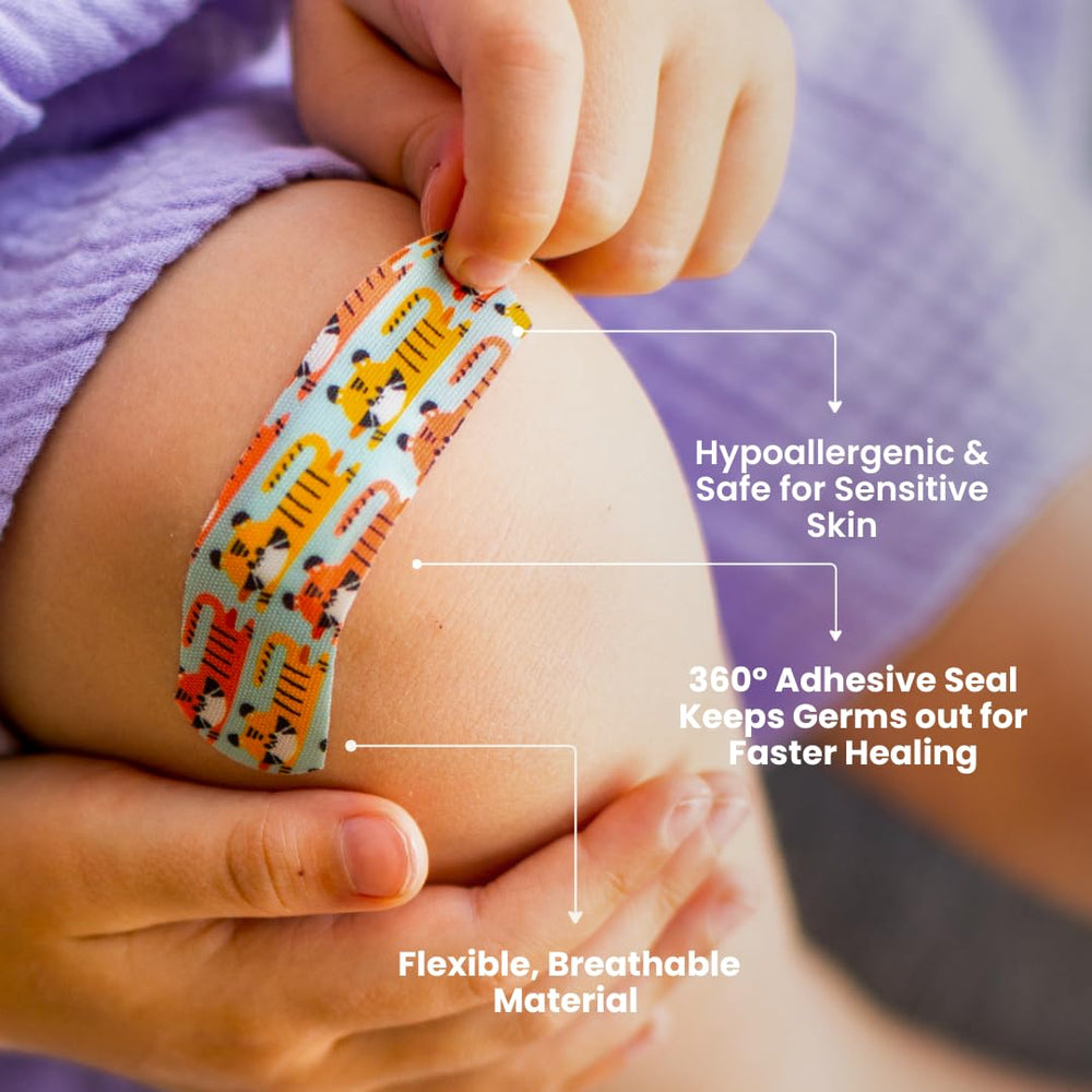 Cupkin kids bandages assorted sizes cover a range of minor scrapes and cuts.