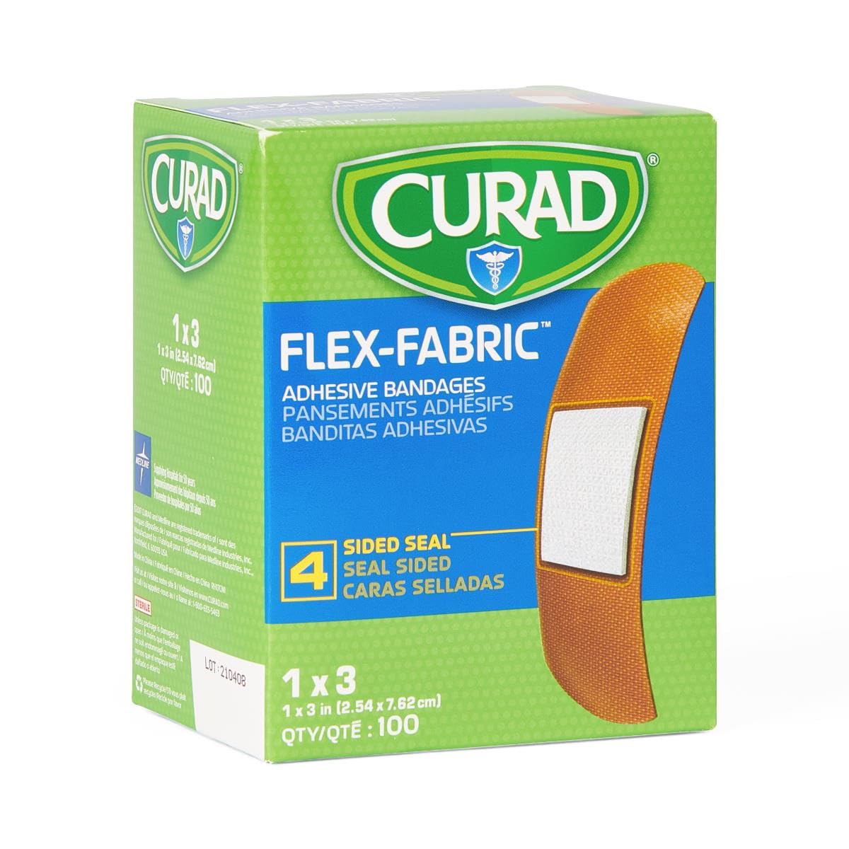 Curad Flex Fabric Bandages with woven design conform to contours for secure wear.