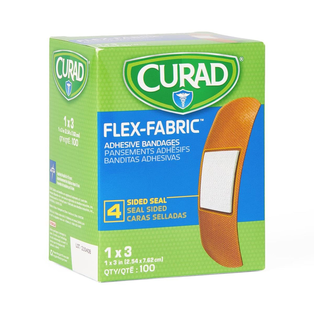Curad Flex Fabric Bandages with woven design conform to contours for secure wear.