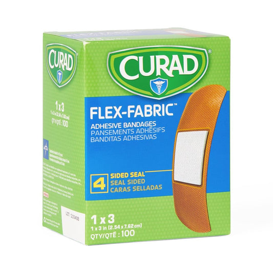 Curad Flex Fabric Bandages with woven design conform to contours for secure wear.