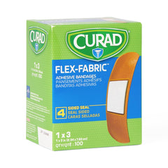Curad Flex Fabric Bandages with woven design conform to contours for secure wear.