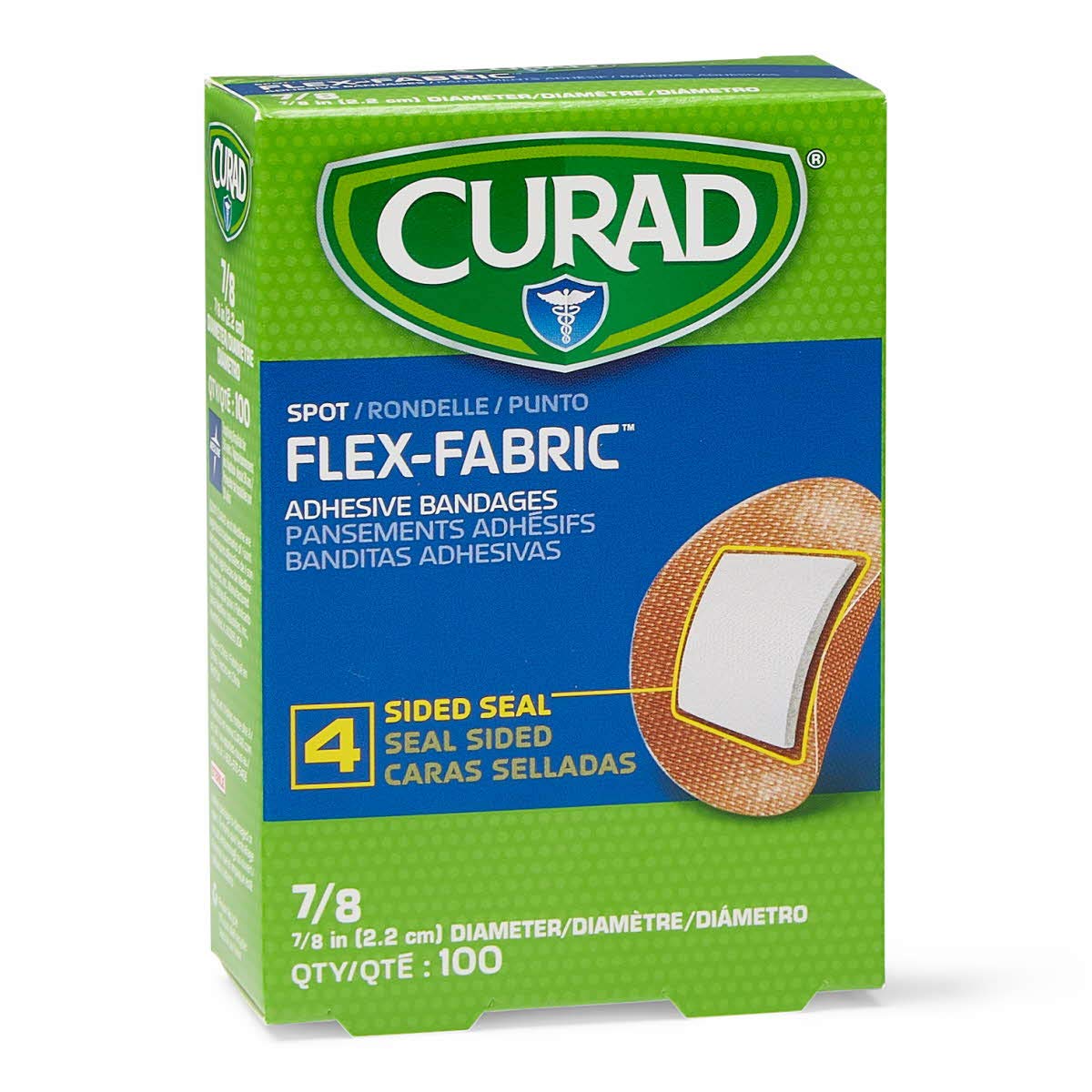 Curad Flex Fabric Spot Bandage close-up showing 7/8 inch diameter for minor scrapes.