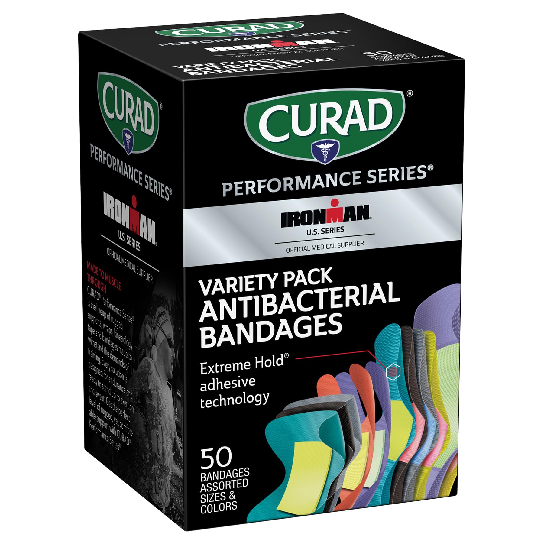 Curad Ironman antibacterial bandages with extreme hold adhesive for active workouts.