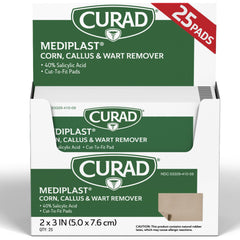 Curad Mediplast 2x3 pad cut-to-fit for corn removal on the foot.