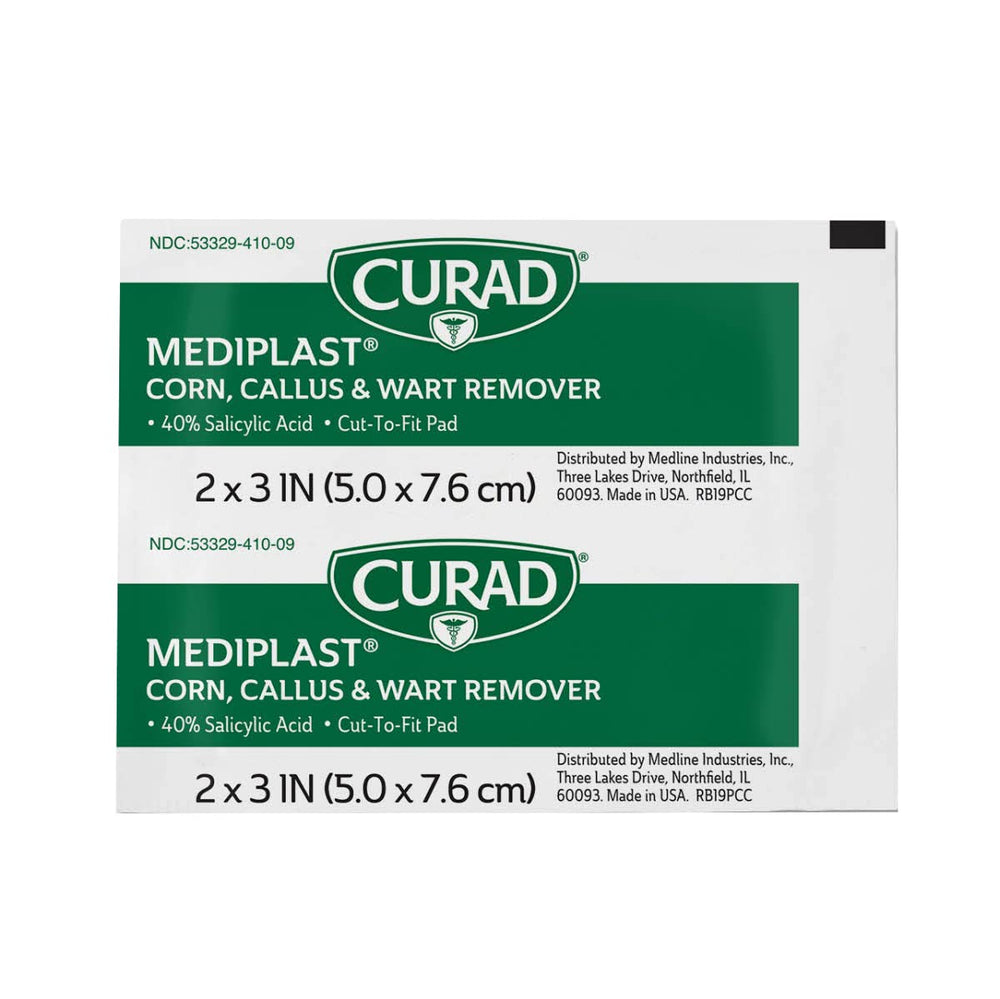 Curad Mediplast corn and wart remover pads ready for targeted foot care.