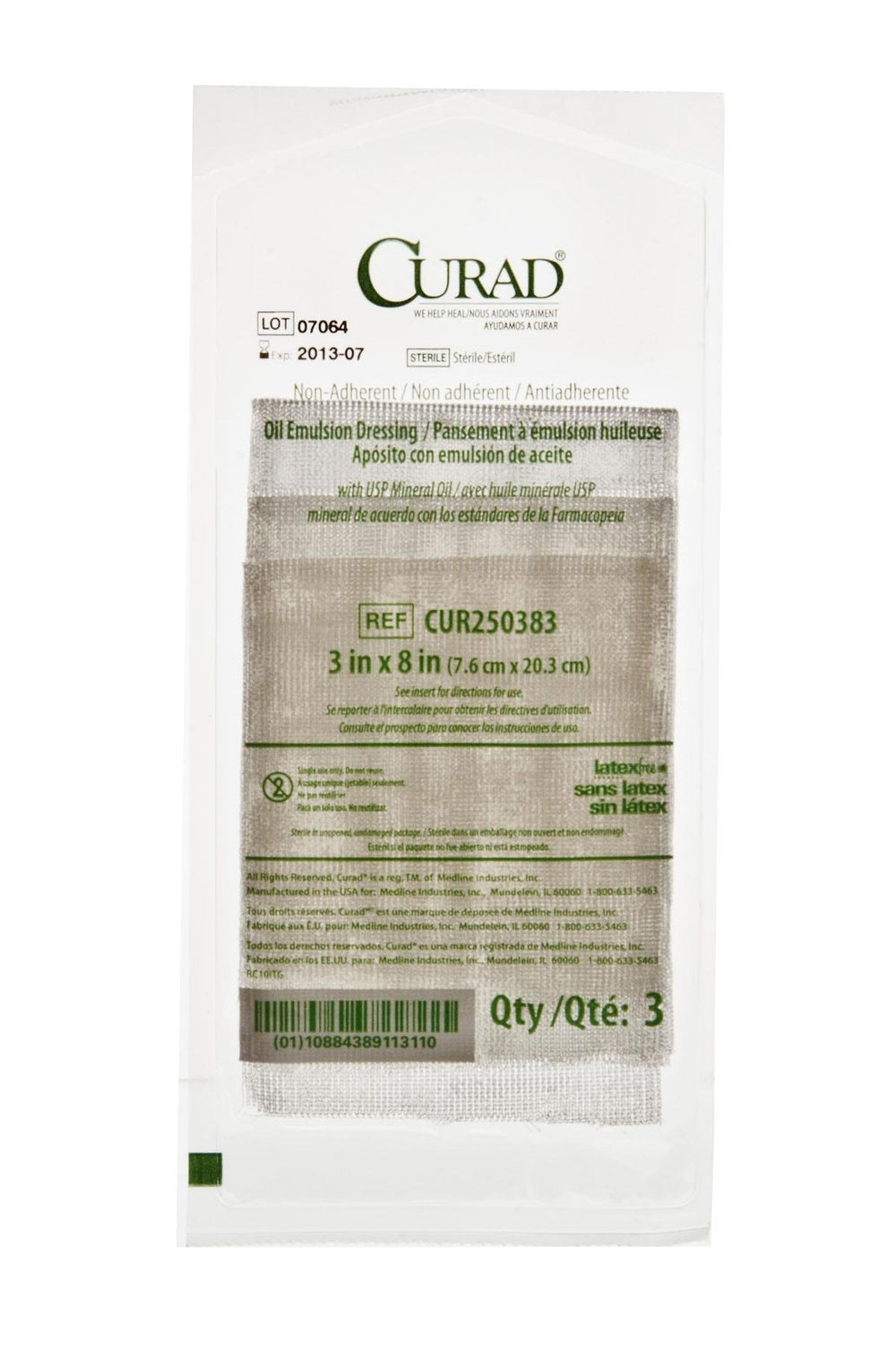 CURAD non-adherent oil-emulsion gauze dressing in 3x8 size provides gentle wound care.