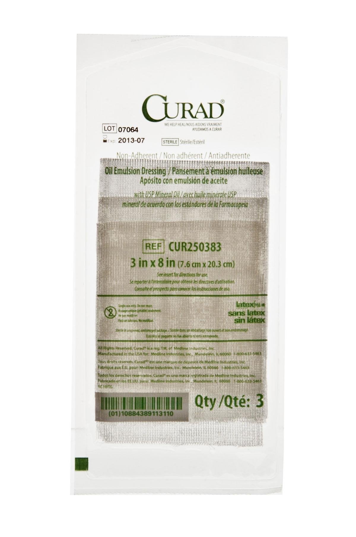 CURAD non-adherent oil-emulsion gauze dressing in 3x8 size provides gentle wound care.