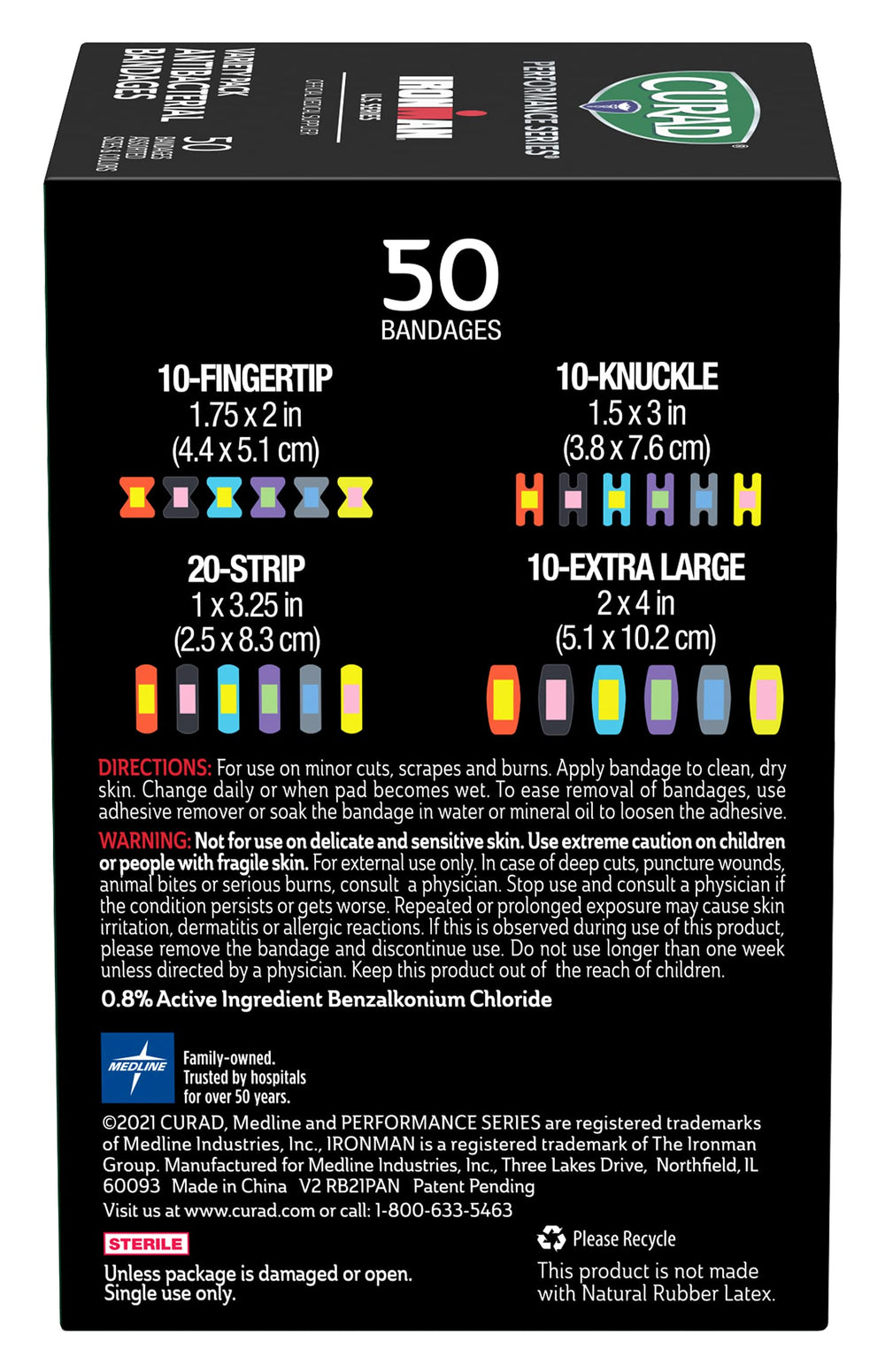 Curad performance series rugged fabric bandages flex with body movement.