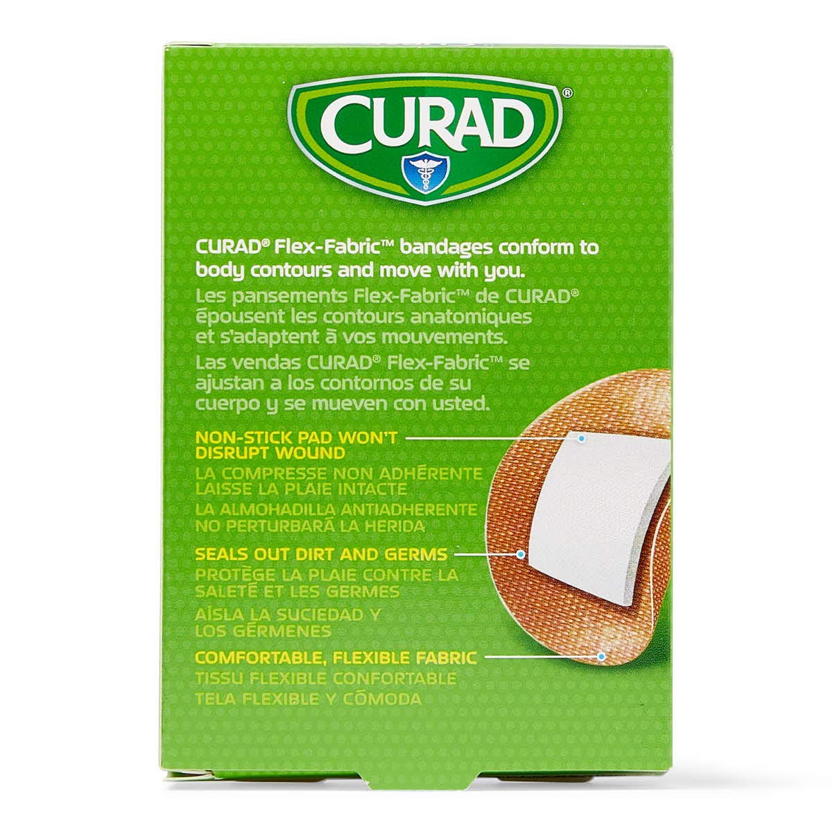 Curad spot bandage packaging reveals 100 bandages per box.