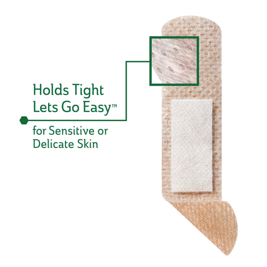 CURAD Truly Ouchless bandage being removed gently without pulling hair.