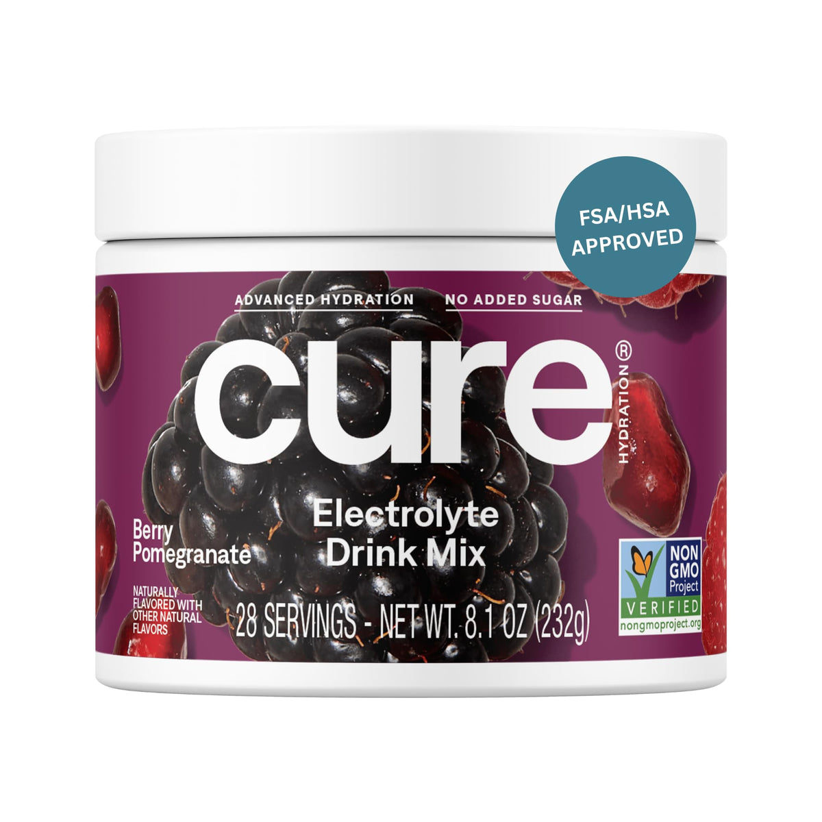 Cure Hydration Berry Pomegranate jar highlights plant-based electrolytes for daily hydration.