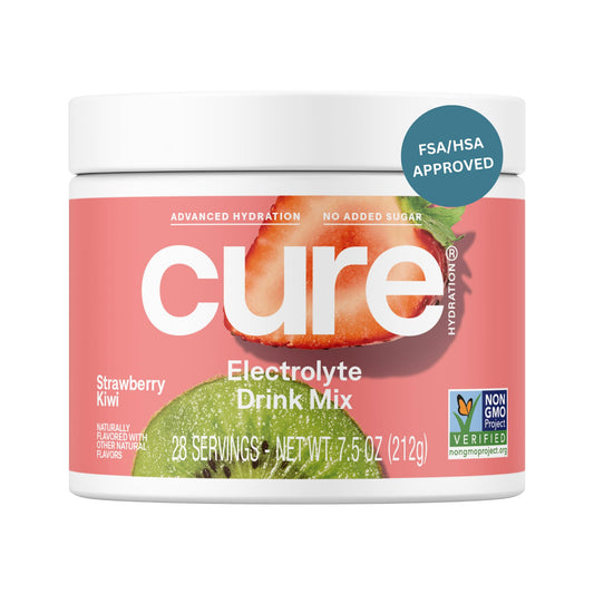 Cure Hydration jar front with strawberry kiwi flavor for convenient daily hydration