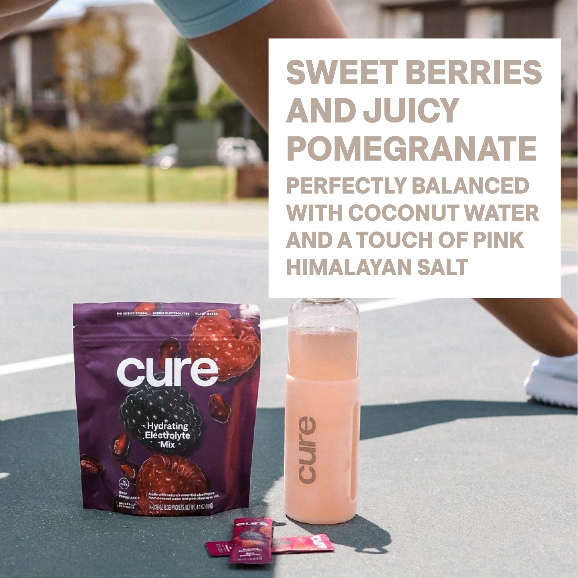 Cure Hydration no-added-sugar label signals a sugar-free hydration option.