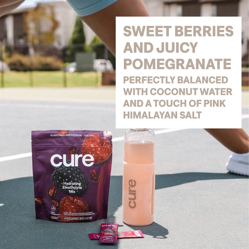 Cure Hydration no-added-sugar label signals a sugar-free hydration option.