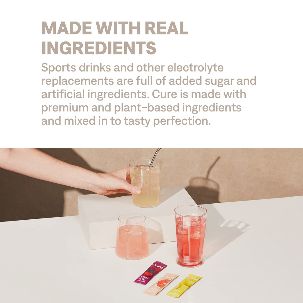 Cure Hydration vegan and non-GMO badge visible on the sachet