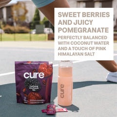 Cure Hydration no-added-sugar label signals a sugar-free hydration option.