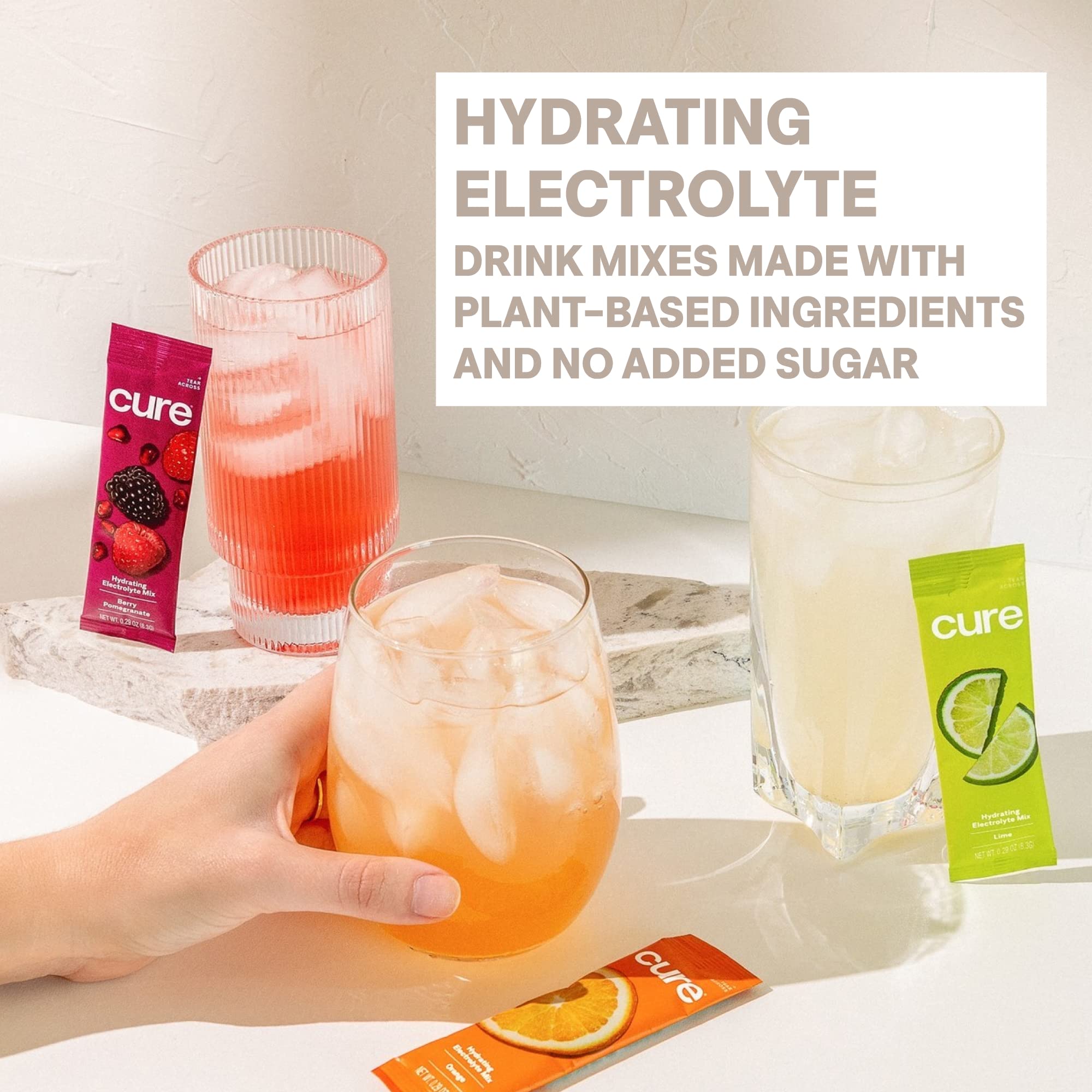 Cure Hydration no-added-sugar label highlighted on the package