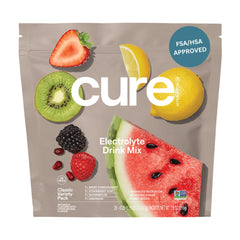 Cure Hydration variety-pack packets dissolving in water for balanced hydration