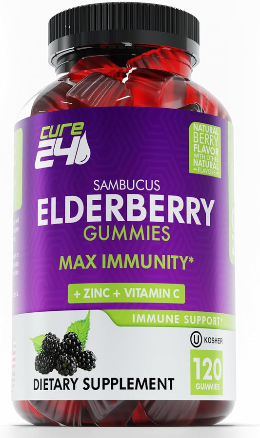 Cure24 Sambucus Gummies bottle view emphasizing convenient daily immune support