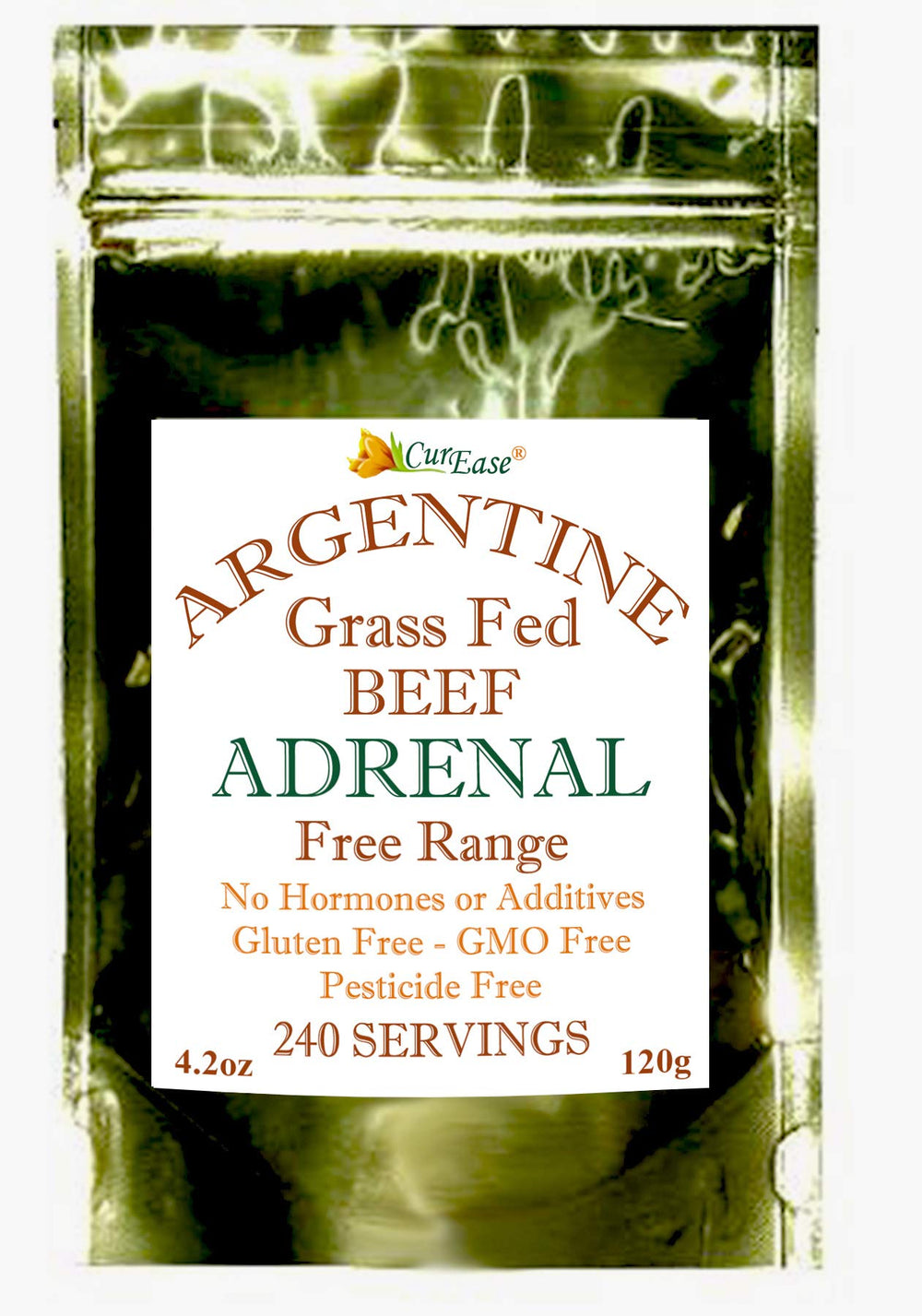CurEase Argentine beef adrenal powder pouch showing hormone-free grass-fed sourcing for daily vitality.