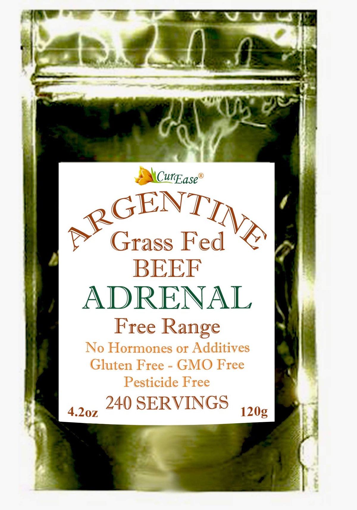 CurEase Argentine beef adrenal powder pouch showing hormone-free grass-fed sourcing for daily vitality.