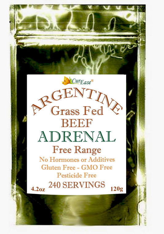 CurEase Argentine beef adrenal powder pouch showing hormone-free grass-fed sourcing for daily vitality.