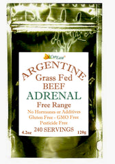 CurEase Argentine beef adrenal powder pouch showing hormone-free grass-fed sourcing for daily vitality.