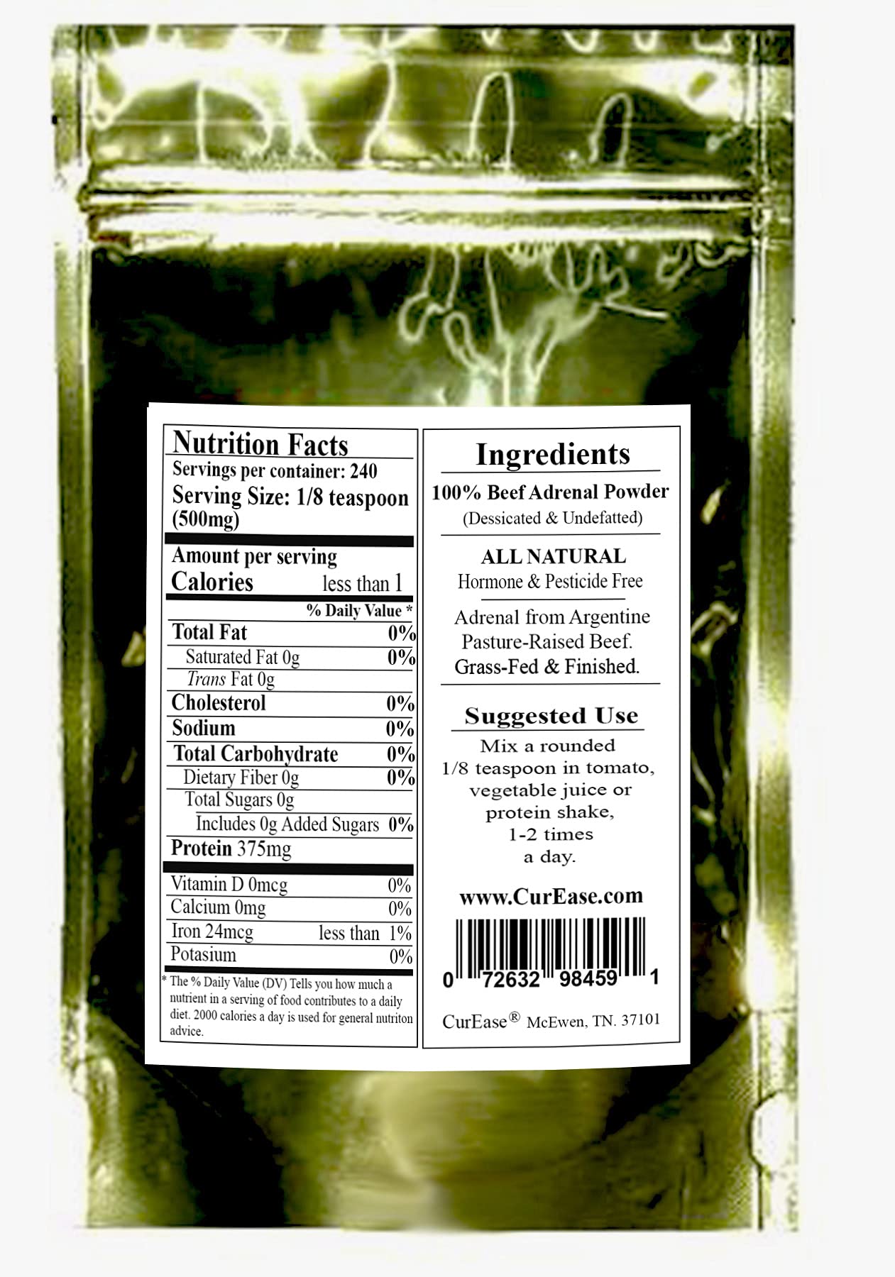 CurEase grass-fed Argentine adrenal powder packaging emphasizing sustainable farming practices.
