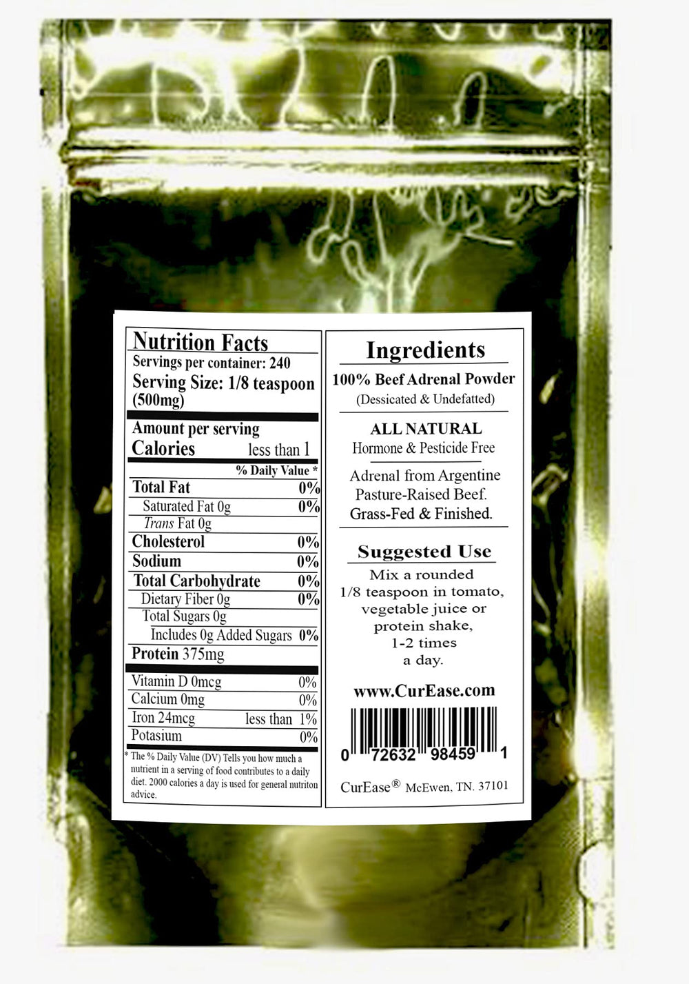 CurEase grass-fed Argentine adrenal powder packaging emphasizing sustainable farming practices.