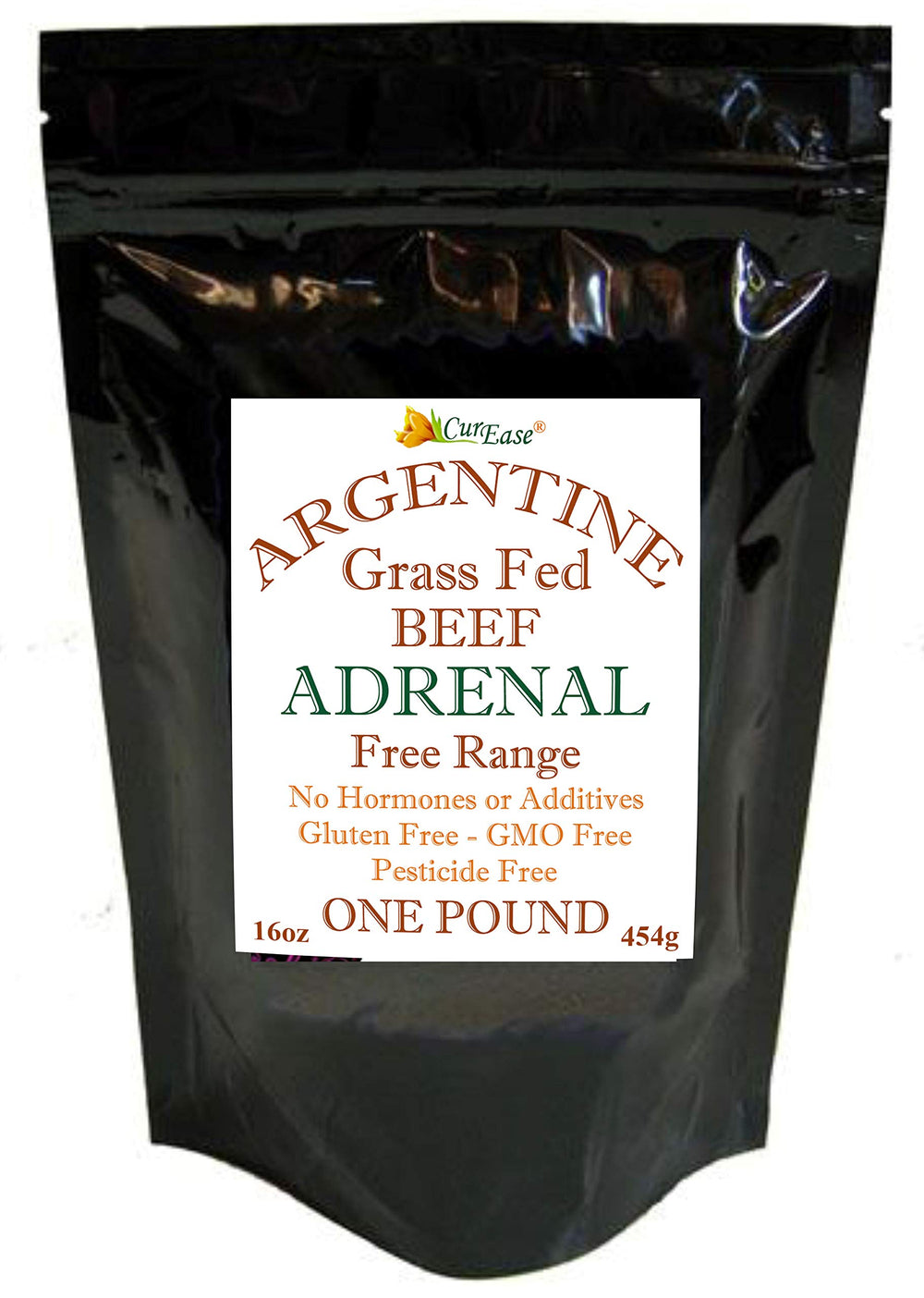 CurEase Argentine Beef Adrenal Powder tin front view demonstrates premium, hormone-free sourcing.