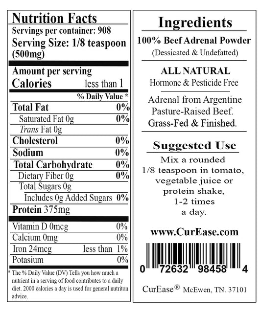 CurEase Argentine Beef Adrenal Powder tin label highlights transparent ingredients and sustainability.