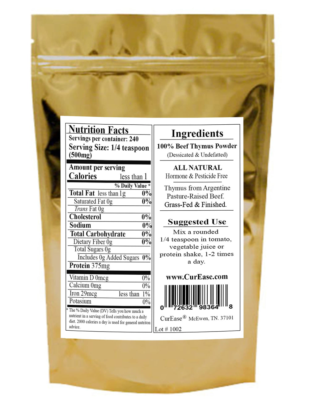 CurEase beef thymus powder bottle back, safety sealed for freshness and quality.