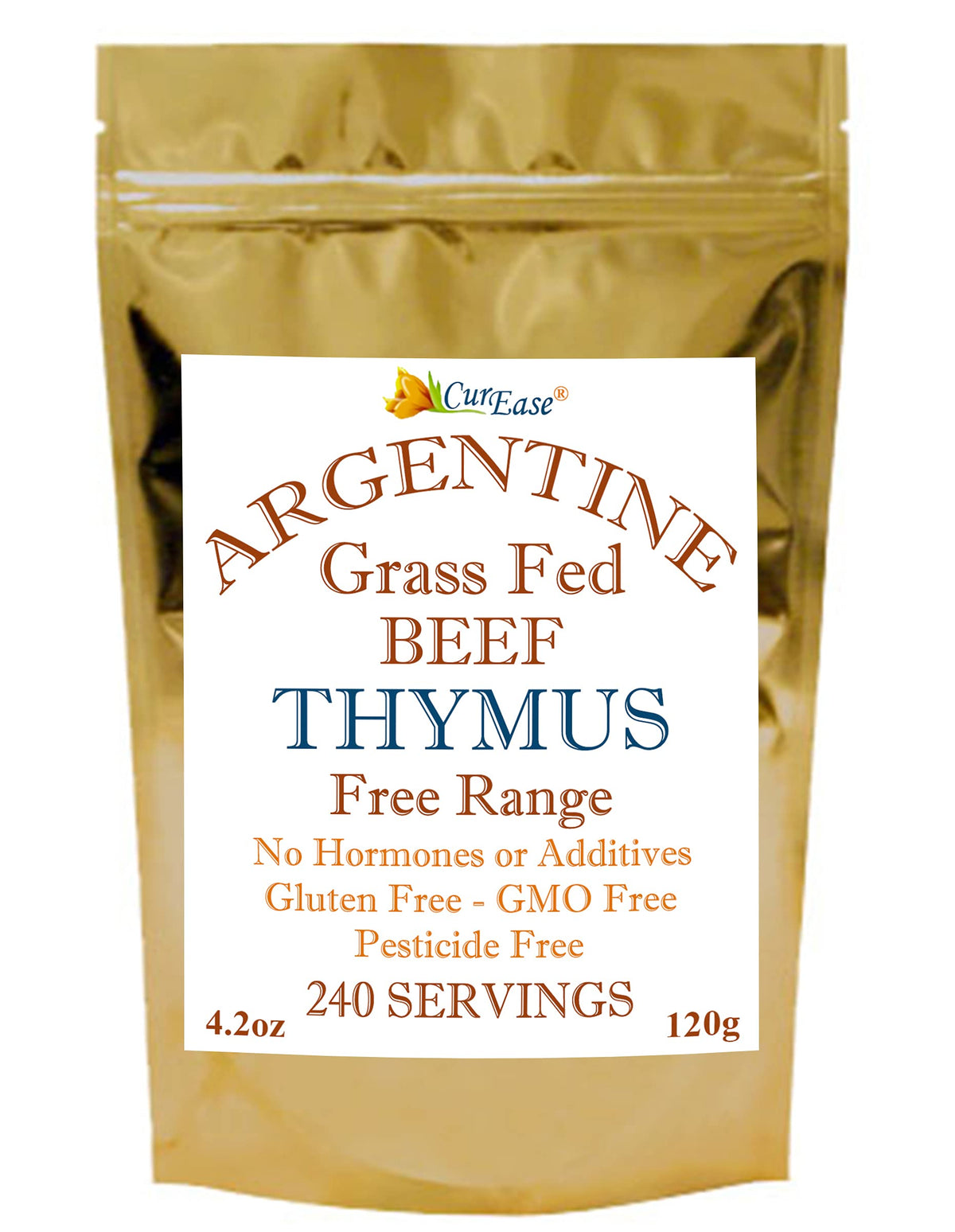 CurEase beef thymus powder bottle front, highlighting organic, undefatted nutrition for daily use.