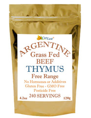CurEase beef thymus powder bottle front, highlighting organic, undefatted nutrition for daily use.