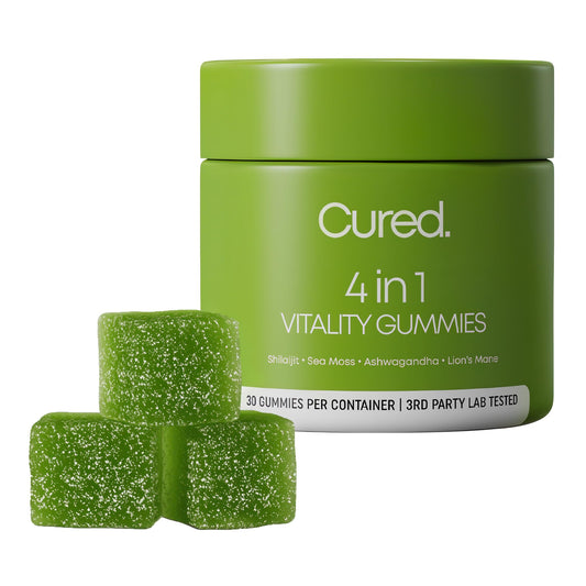 Cured 4-in-1 Vitality Gummies bottle shows vegan formula for daily energy and focus.