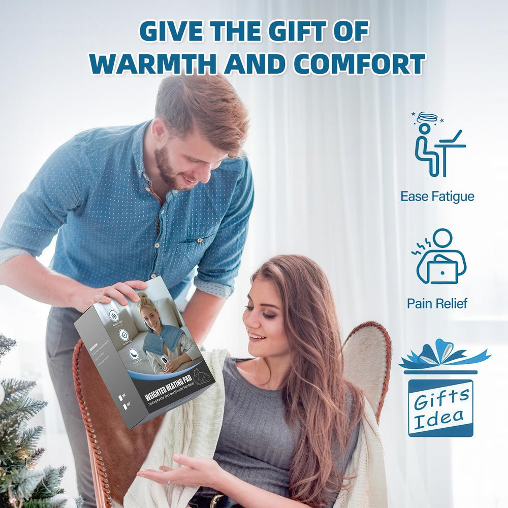 Curety pad on bed demonstrates convenient home use for neck and shoulders