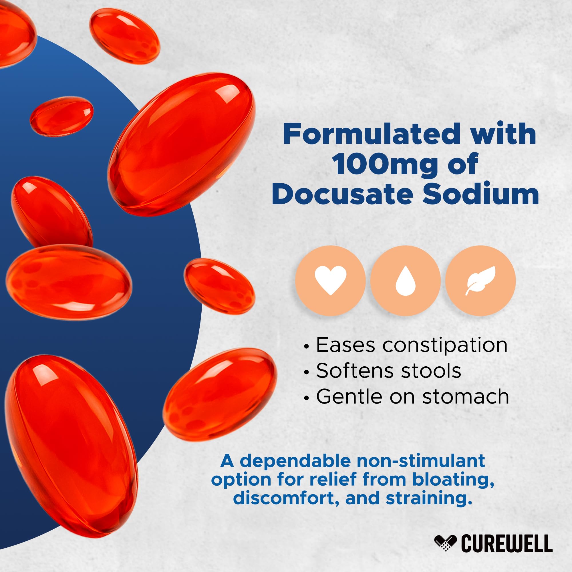 CUREWELL bottle on counter with softgels visible for daily use
