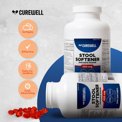 Closeup of CUREWELL softgels with 100mg docusate sodium dose