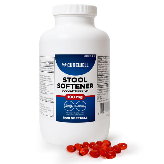 CUREWELL Stool Softener bottle showing 100mg softgels for gentle relief