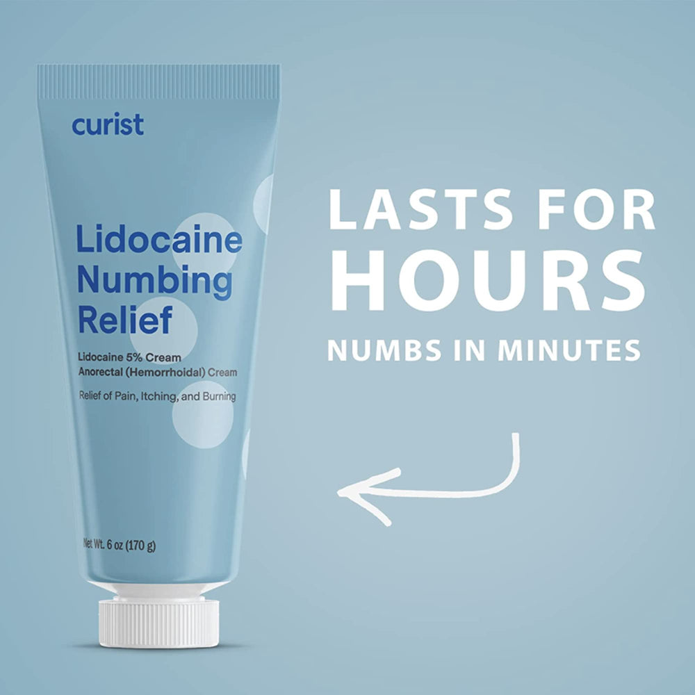 Curist 5% Lidocaine cream 6oz tube side view emphasizes size and value