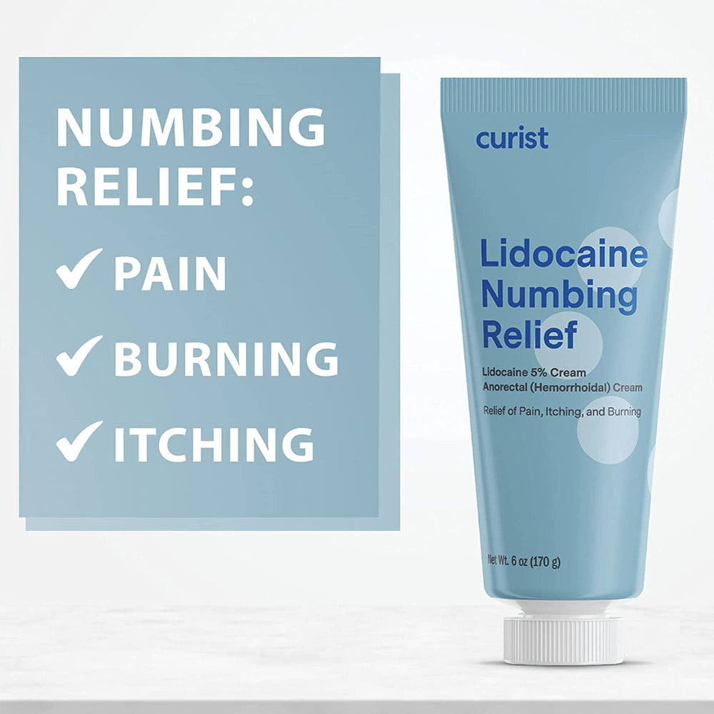 Curist 5% Lidocaine cream 6oz tube in use scene on bathroom counter